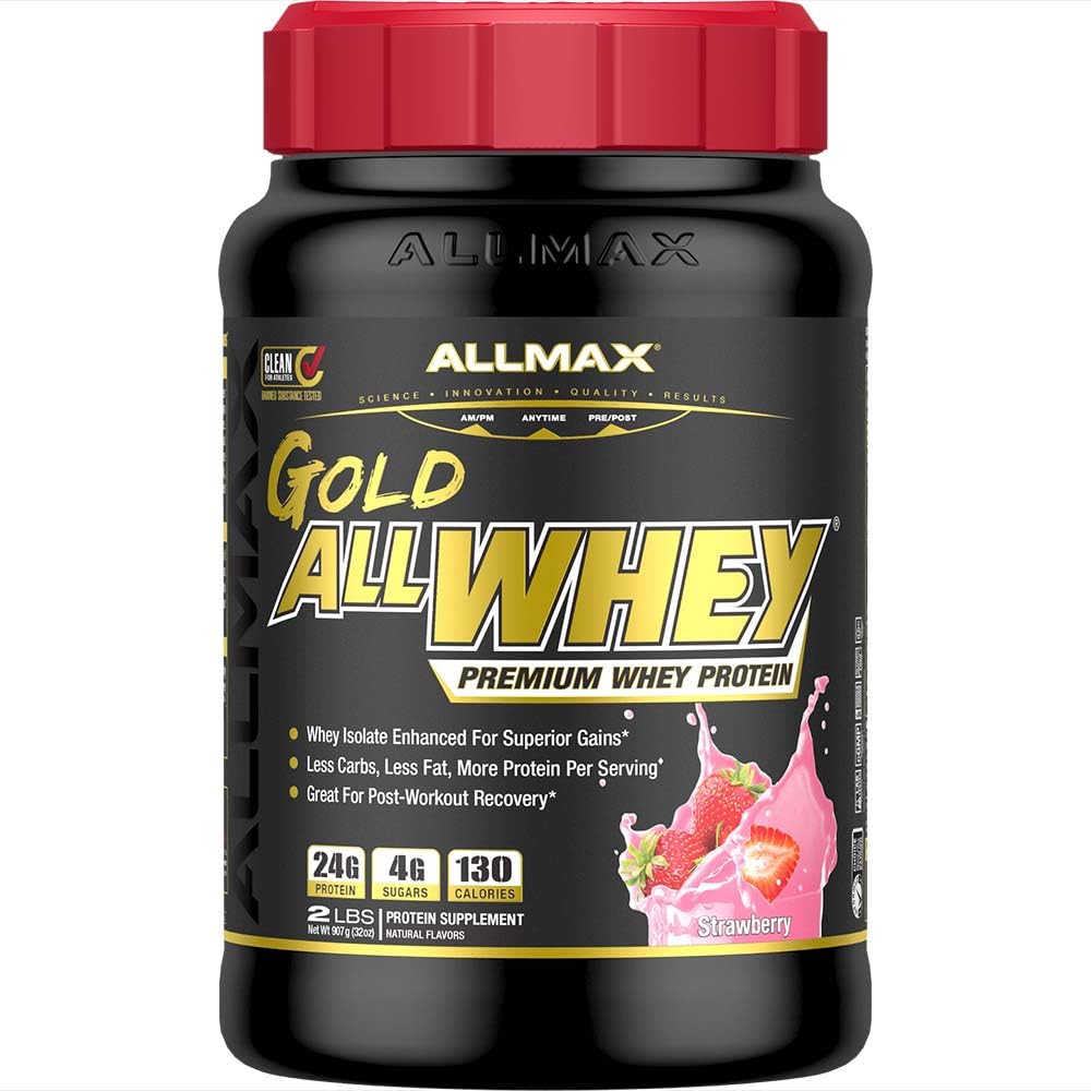 ALLMAX Nutrition Gold ALLWHEY, Aardbei - 2 lb - 24 Gram eiwit per scoop - Glutenvrij, weinig koolstof en lage suiker - ongeveer 30 porties
