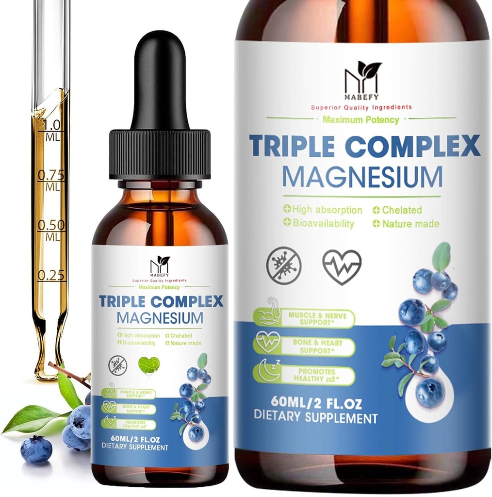Magnesium Glycinate Liquid Drops Complex Supplement met Taurate, Malate voor Kalm, Been Krampen, Energie en Natuurlijke Vegan Magnesium, Blueberry Flavor