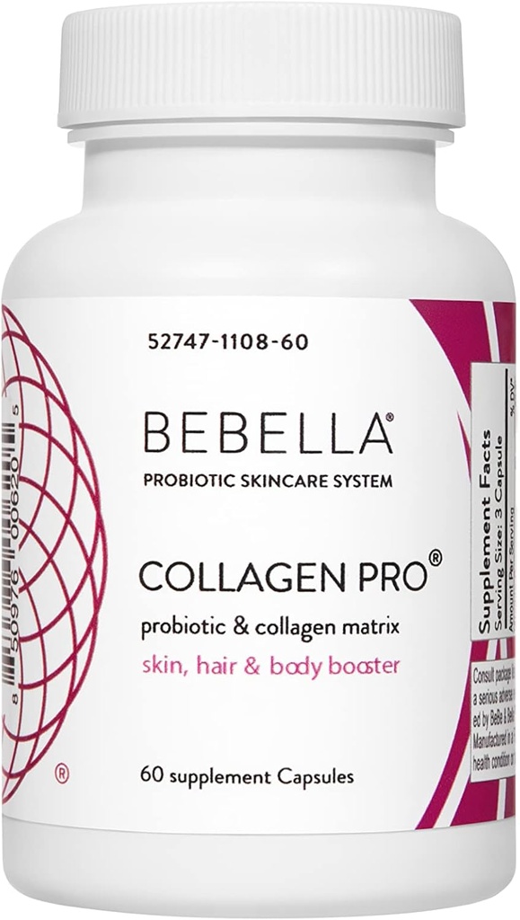 Bebella Collagen Pro- Probiotics & Collagen Peptides I Improve Gut & Skin Barrier Reduces Inflammation, Supports Healthy Skin, Hair & Nails w/Zinc VIT C Hyaluronic Acid 60 Capsules