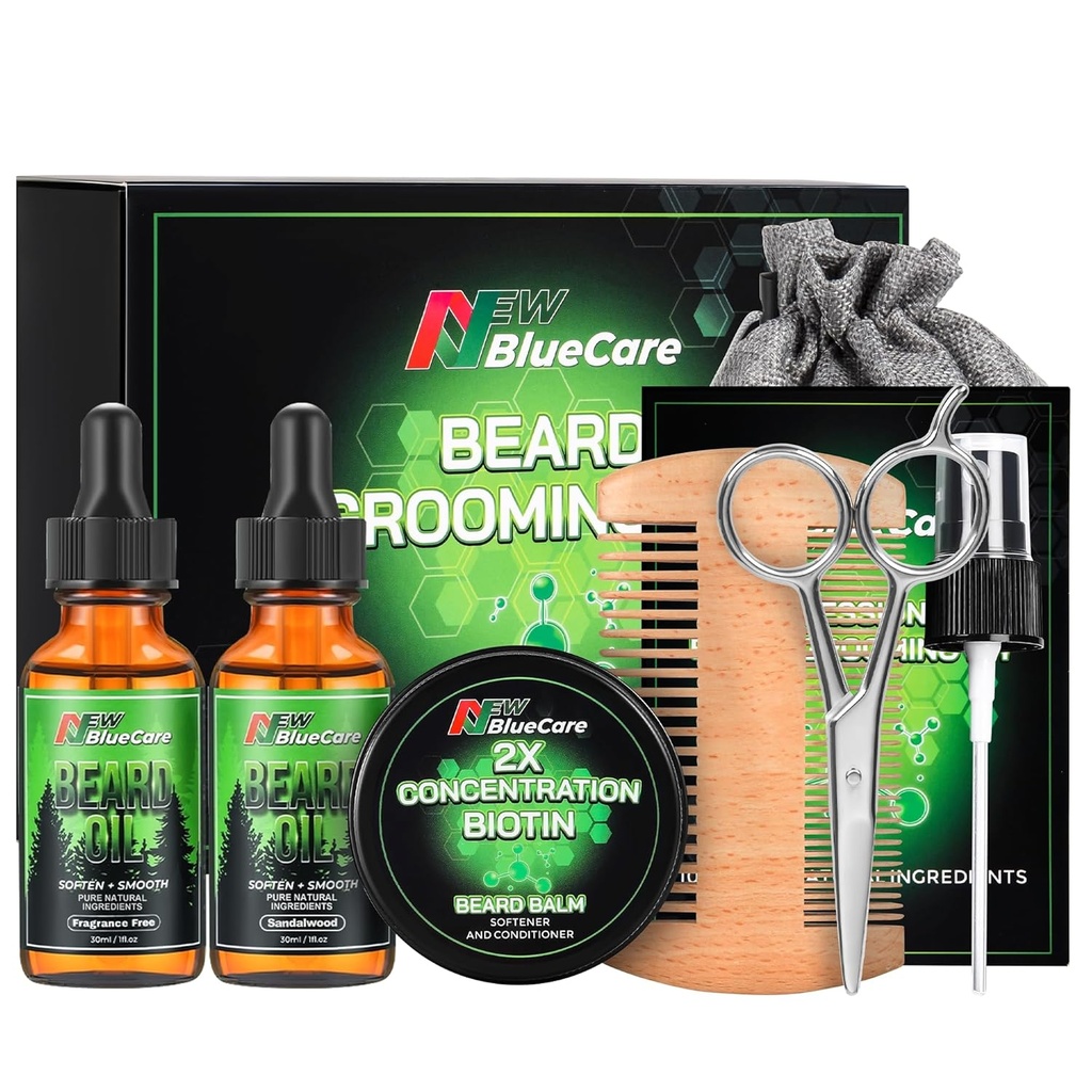 Beard Care Kit - Bevat (1) elk van Beard Oils (Sandalwood & Unscented), Biotin Beard Growth Balm, Comb en Schaar voor Grooming and Trimming - Baard Care Papa Cadeaus voor mannen Him Dad Echtgenoot