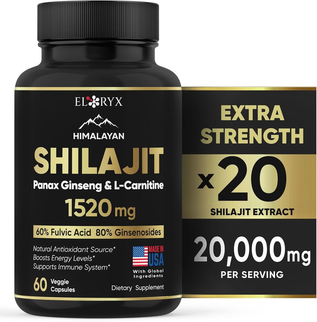 Himalaya Shilajit Supplement, 60 capsules, Extract Powder, 60% Fulvinezuur, 85+ Trace Minerals, Energie & Immune Support Shilajit voor mannen & vrouwen, alternatief voor Authentieke Resin of Pillen USA Made