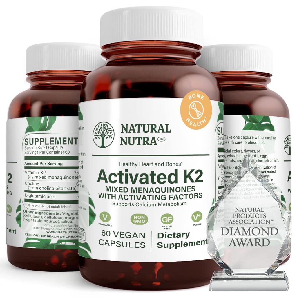 Nutra naturel spectre complet supplément vitamine K2, soutien santé cardiovasculaire, fonction hépatique, santé métabolique, santé cardiaque, aide favorise la santé osseuse et dentaire, 75 mcg, 60 capsules (paquet de 2)