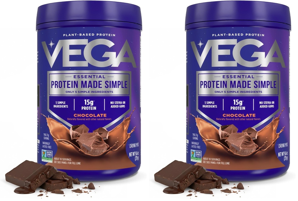 Vega Protein Made Simple, Dark Chocolate - Stevia Free Vegan Protein Powder, Plant Based, Gezond, Glutenvrij, Pea Proteïne voor vrouwen en mannen, 9.6 oz (Verpakking mei Vary) (Pack of 2)