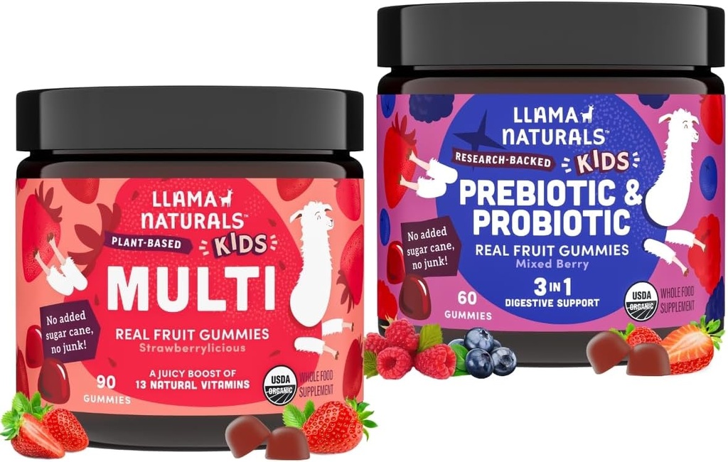 Llama Naturals Kids Multivitamine en Probiotica en Prebiotica Bundle, Vegan, Biologische Gut Health en Immune Ondersteuning Gummies, Real Fruit Gummy Vitaminen, Geen Toegevoegd Suiker Cane, 2 Flessen, 30 Day Supply
