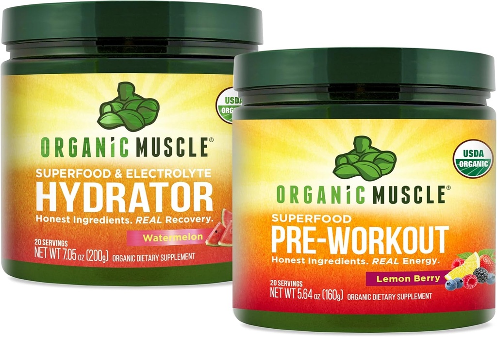 Biologische Muscle Bundle - Pre-Workout Powder for Energy (Citroen Berry) + Replenisher for Hydration (Watermelon) - USDA Certified Organic