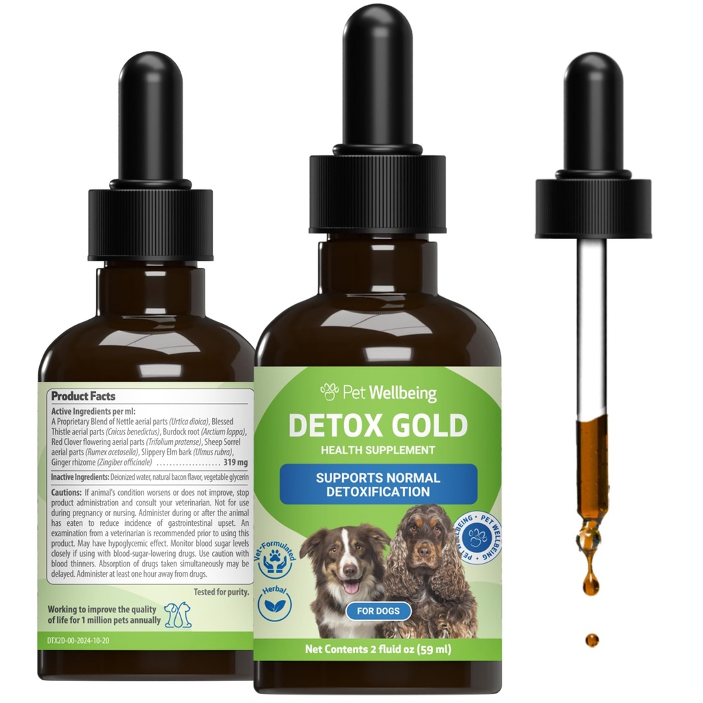 Détox d'or pour chiens pour le bien-être des animaux de compagnie - Détoxification douce et soutien à l'élimination, soins du système immunitaire, nébulosité, chardon béni, racine de burdock - supplément à base de plantes vétérinaires 2 oz (59 ml)