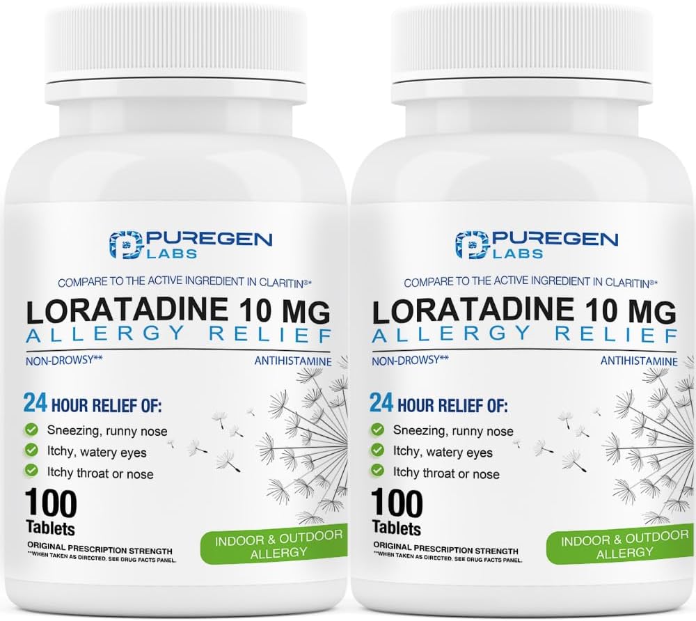 Purigen Labs Allergie Relief, Loratadine 10mg, 100 Tablets 24 Uur Non-Drowsy Antihistamine Allergie Geneeskunde voor Runny Neus, niezen, Itchy, Watery Eyes (2)