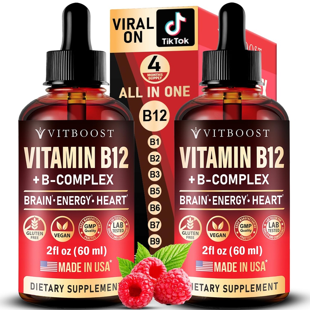 Vegan Vitamin B12 met B Complex 20000 mcg- Extra sterkte voor mannen en vrouwen- Raspberry Liquid Drops