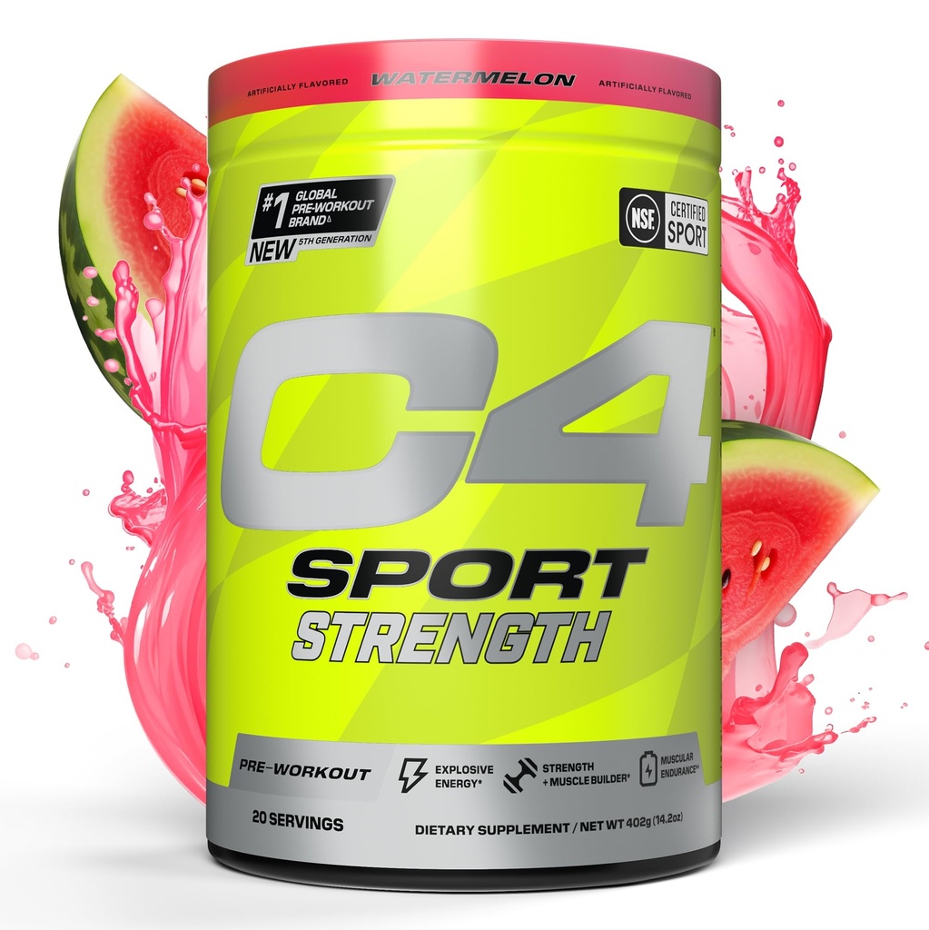 Cellucor C4 Sport Strength Pre Workout Poudre - NSF certifié pour le sport - Beta-Alanine, Créatine, 200mg Caféine - Supplément d'énergie sans sucre pour les hommes et les femmes - pastèque, 20 portions