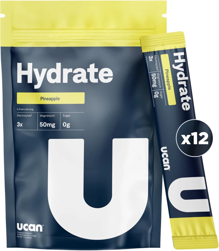 Mélange de boissons électrolytiques hydratantes UCAN (pineapple, 12 Stickpacks) sans sucre, kéto-friendly, végétalien, non-OGM, poudre d'électrolyte sans gluten avec potassium et magnésium pour les coureurs et les athlètes