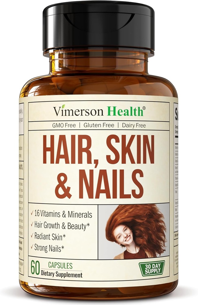 Biotine Hair, Skin & Nails Vitaminen voor vrouwen en mannen. Bevat vitamine C ter ondersteuning van collagen. Supplementen voor sterk haar, stralende huid en nagelgroei. Biotin & Folate Supplement for Women. 60 capsules