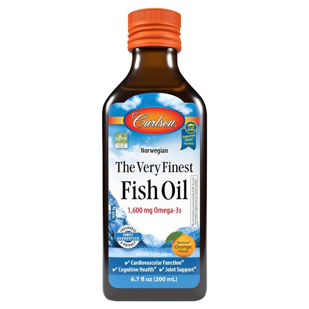 Carlson - De meest verfijnde visolie, 1600 mg Omega-3s, vloeibare visoliesupplement, Noorse visolie, wilde olie, duurzaam gewonnen visolie vloeibaar, oranje, 6,7 Fl Oz
