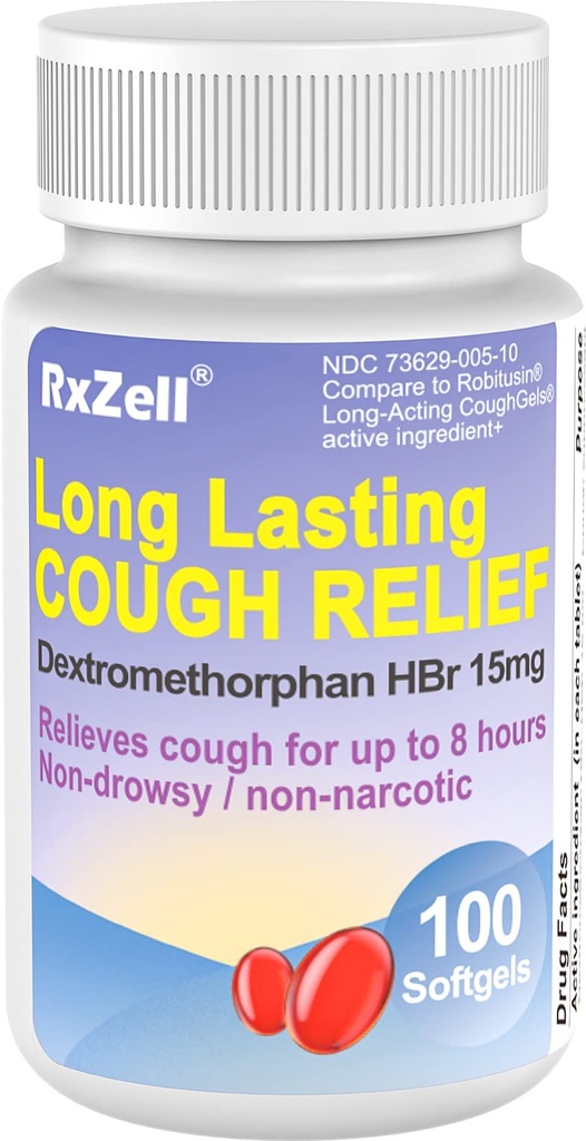 Adult Cough Relief, Dextromethorfan HBr 15mg (100 Softgels), 8 uur lang Lasting, Non-Drowsy, Cough/Bronchial Suppressant