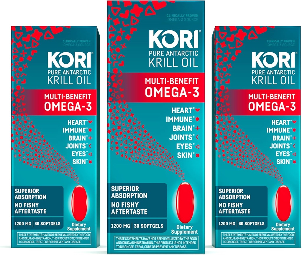 Kori Krill Oil Omega 3 Supplement, Antarctische Krill Oil met Superior Absorptie vs Visolie, 1200mg Softgels, 30 Softgels, EPA & DHA (pakket van 3)