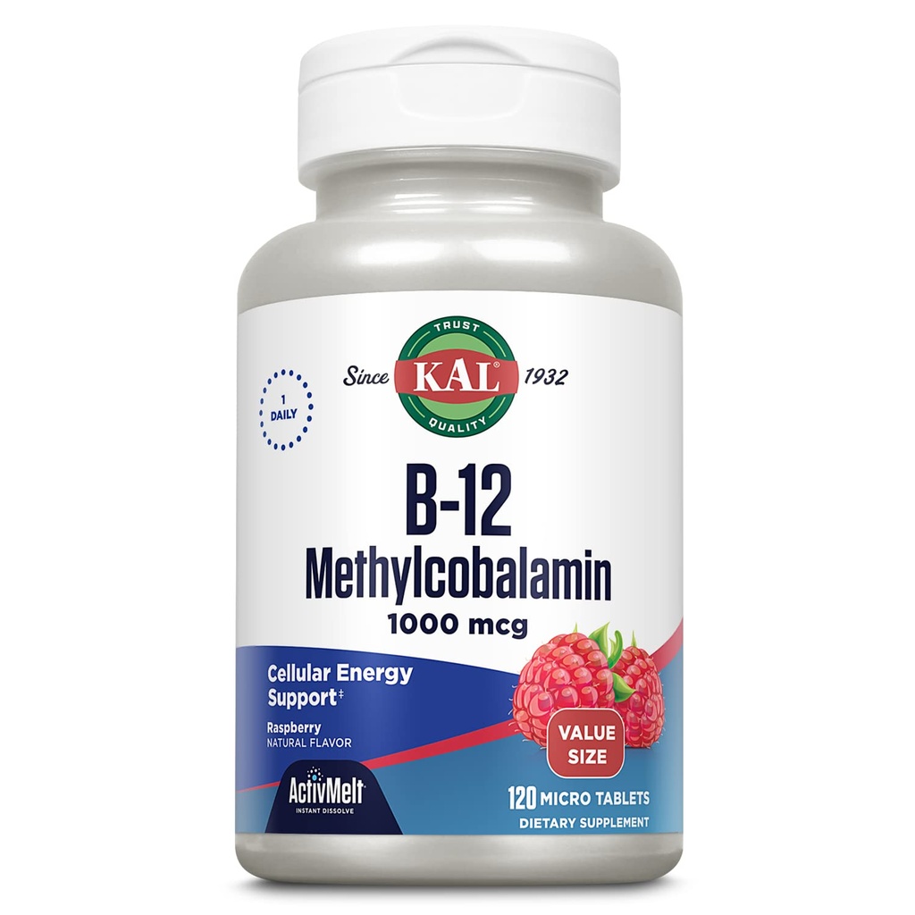 KAL Vitamine B12 Methylcobalamine 1000mcg, gezonde energie, Metabolisme, zenuw- en rodebloedcelondersteuning, snelle oplossing ActivMelt, hoge absorptie, vegetarisch, natuurlijke framboos, 120 Serv, 120 microtabbladen
