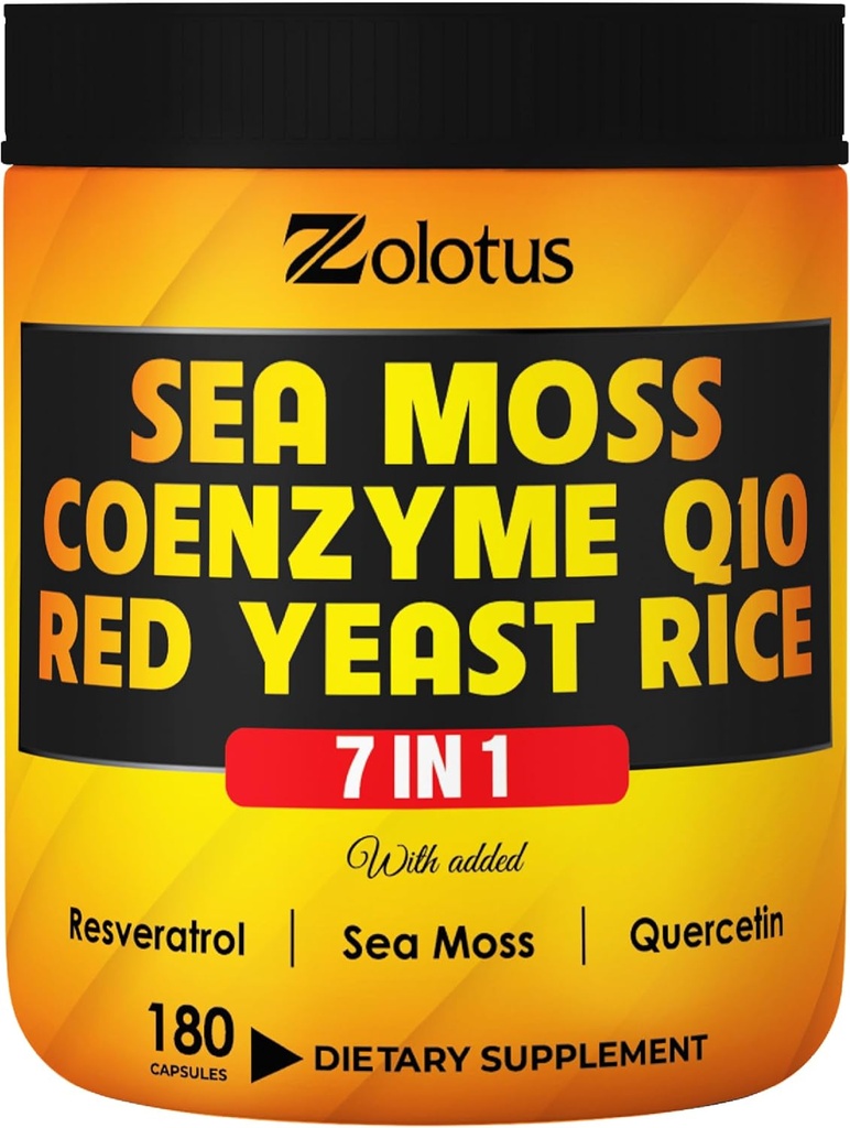 Zolotus 7 in 1 Sea Moss Supplement + Red Gist Rice, Coenzyme Q10 Capsules, equivalent aan 8640mg, met Quercetin, Resveratrol, Vitamine B3, Vitamine D3, Lichaamsbalans, Immuunsysteem en Hartgezondheid