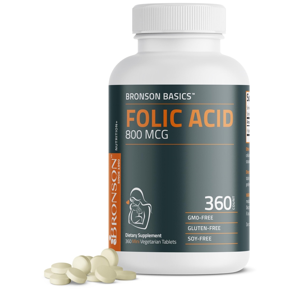 Bronson Folic Acid 800 MCG ondersteunt prenatale ontwikkeling, 1 jaar aanbod, niet-GMO, 360 tabletten