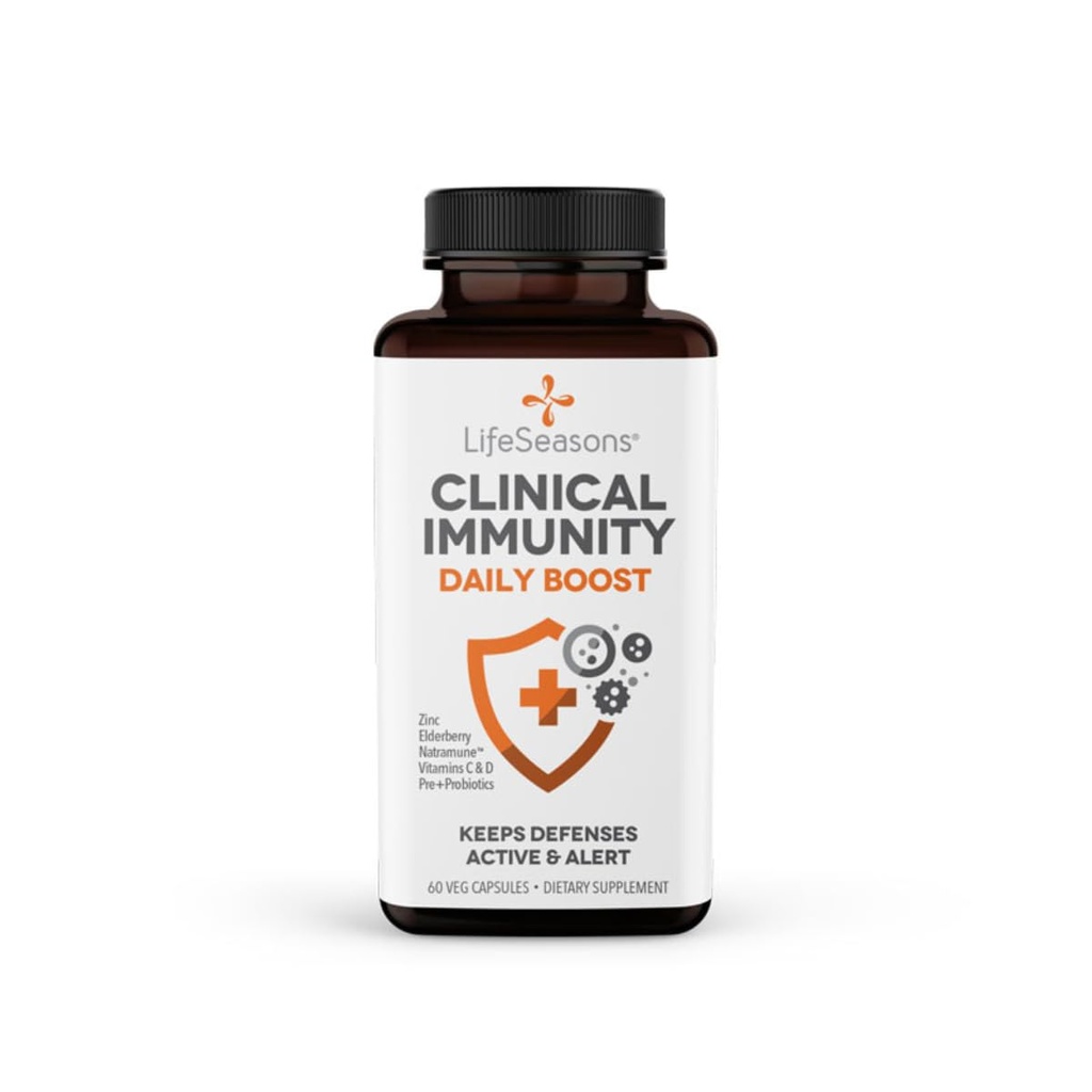 LifeSeasons Immunité clinique - Boost quotidien - Système immunitaire Booster - Pré + Probiotiques - Augmentation des anticorps et cellules immunitaires - Elderberry, Zinc, Natramune & Vitamine C + D3-60 Capsules
