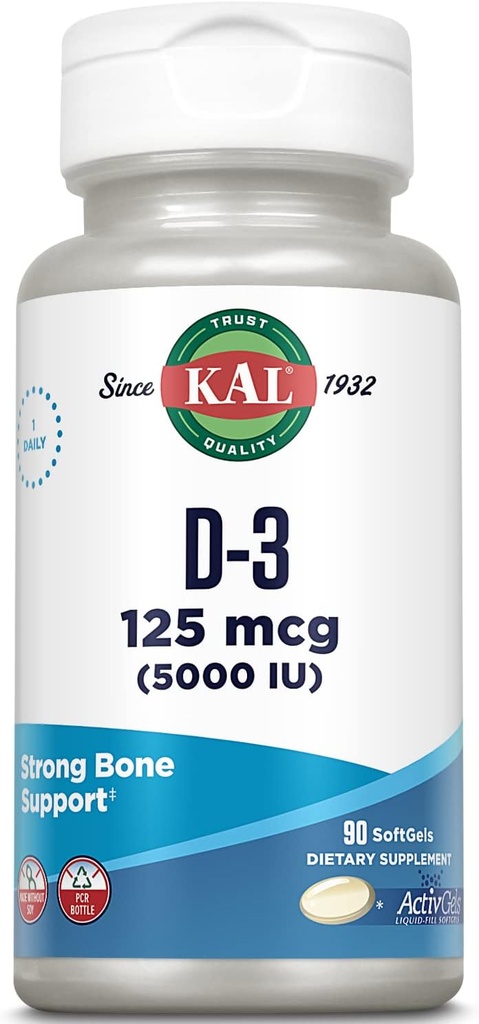KAL Vitamine D3 5000 UI Softgels (125 mcg), Forme active de vitamine D, Absorption de calcium, Santé des os, Supplément de soutien immunitaire, Gels d'activation remplis liquide, Fait sans soja, 90 portions, 90 Softgels