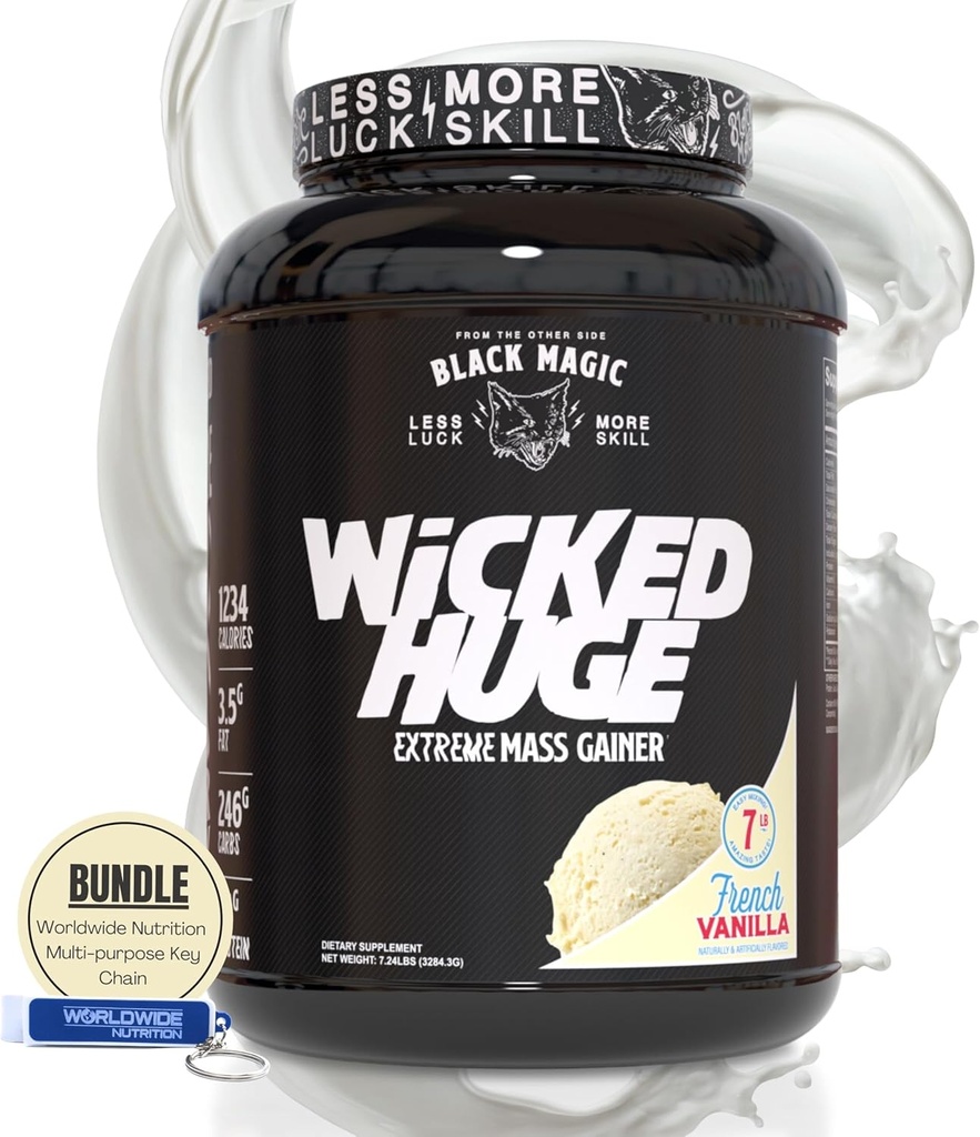 Ensemble de produits alimentaires compatibles avec l'énorme bouffée de magie noire - Mass Gainer Vanilla Flavor français pour le soutien et la récupération musculaires, supplément en poudre de protéines LBS 7.24 avec porte-clés