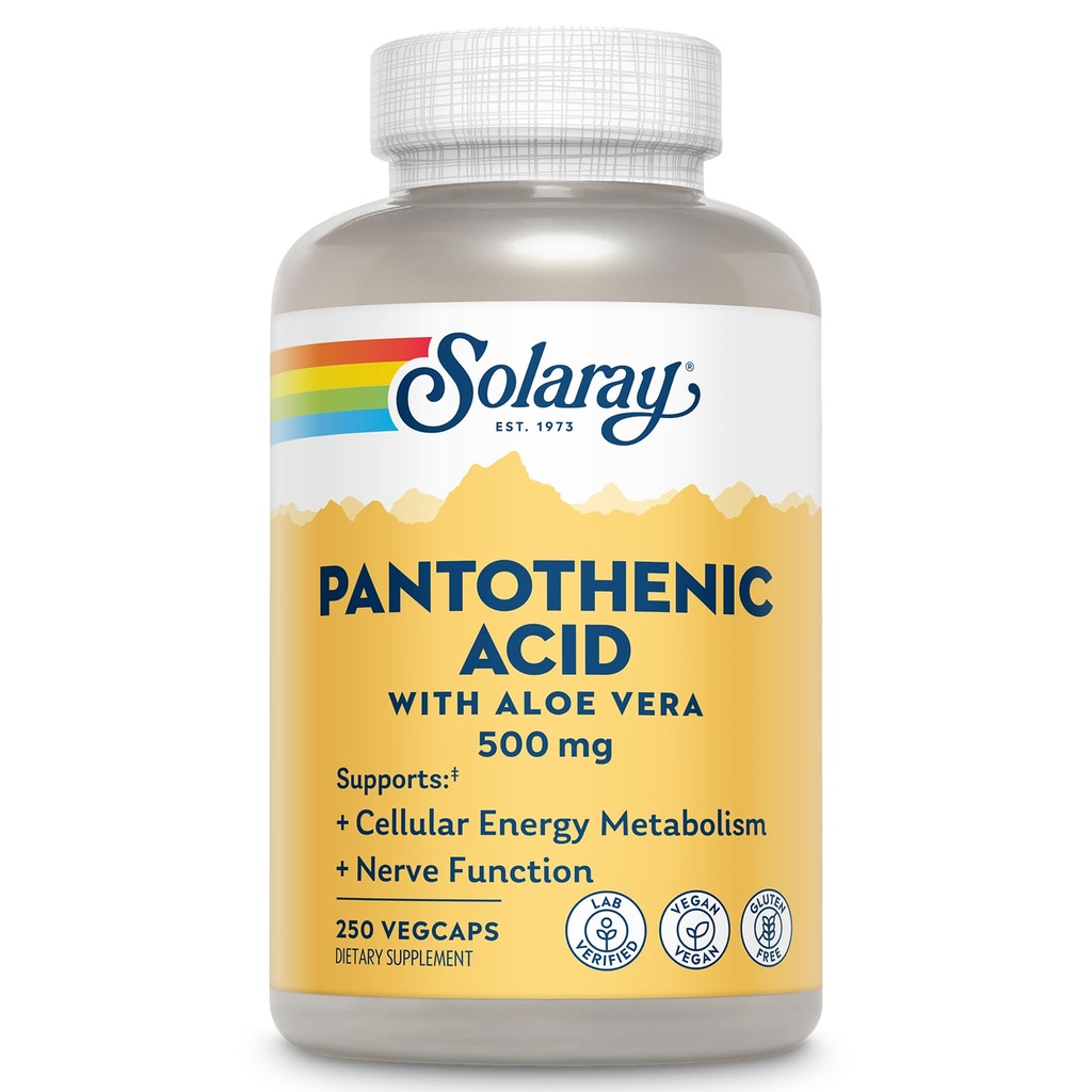 SOLARAY Acide pantothénique 500mg - Supplément d'acide pantothénique (Vitamine B5) - Vitamine complexe essentielle B - Système nerveux et soutien énergétique cellulaire - Vegan, sans gluten, 60 jours Guaratee, 250 portions