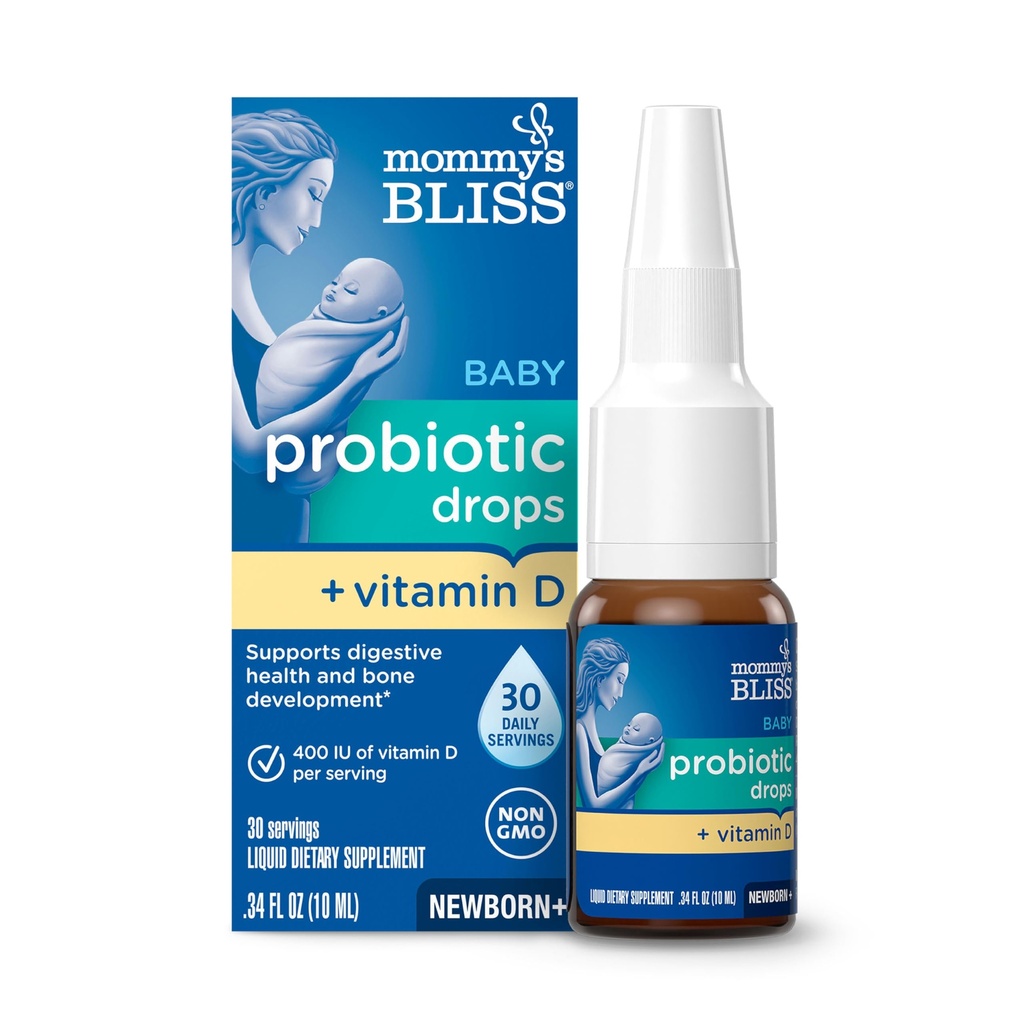 Mama's Gelukzaligheid Baby Probiotica + Vitamine D Drops, Ondersteunt Digestieve Gezondheid & Immune Functie*, 400IE Vitamine D, Ondersteunt Bone Development*, Pasgeborenen+, Smaakloze, 0,34 Fl Oz (30 Servers)