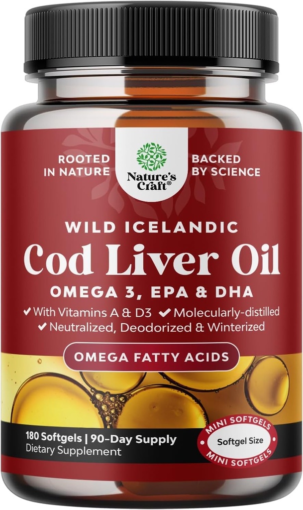 IJslandse kabeljauwleverolie Softgels - Wild Caught EPA DHA Omega 3 Visolie 1000mg per portie - Duurzaam Bronzen Burpless Fish Oil Supplement met Vitamine D3 & A voor Hartgewricht Hersenen & Immune Ondersteuning