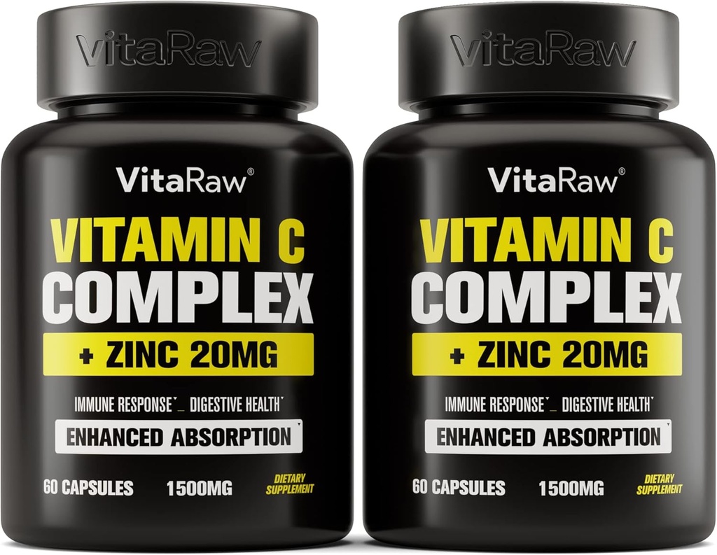 Vitamine C Supplement 2 Pack (120 Veggie Capsules) - 1500mg met zink 20mg - Hoogste Absorptie Vitamine C Immuun Ondersteuning Complex - Vitamine C Capsules & Zink Vitaminen voor Volwassenen, Vit C Immuun Hulp Vegan