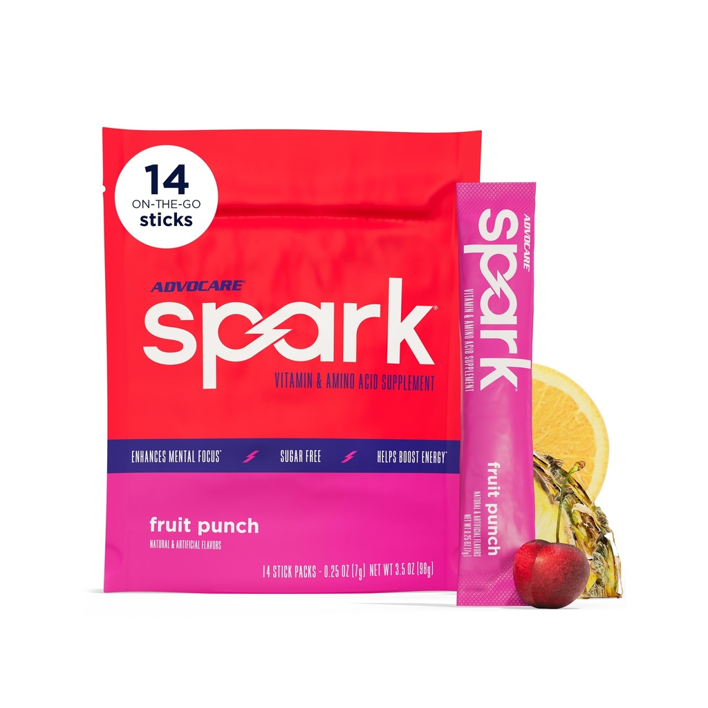 AdvoCare Spark - Mélange de boissons énergisantes - Supplément de vitamine et d'acide amino - Soutiens Énergie et Focus* - Support immunitaire portable* - Sans sucre - Punch aux fruits, 14 Stick Packs (3,5 oz)