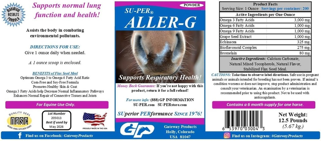 SU-PER Aller-G Respiratory Support for Horses - Horse Allergy Supplement Powder for Healthy Immune System & Lung Support - Combats Allergies & Environmental Pollutants - 12.5 Pounds, 6 Months Supply