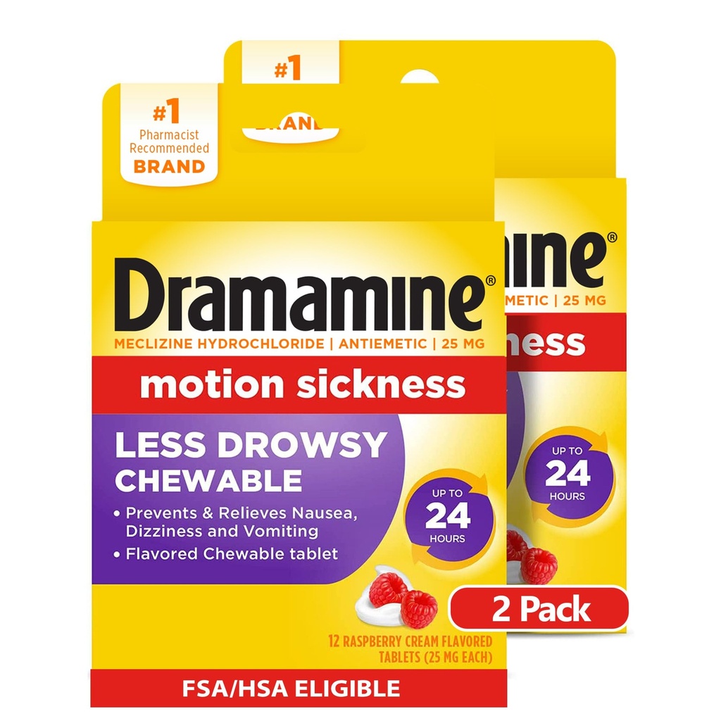 Dramamine Kauwbaar Minder Drowsy, Beweging Ziekte Verlichting, Raspberry Cream Smaak, 12 Tellen, 2 Pack