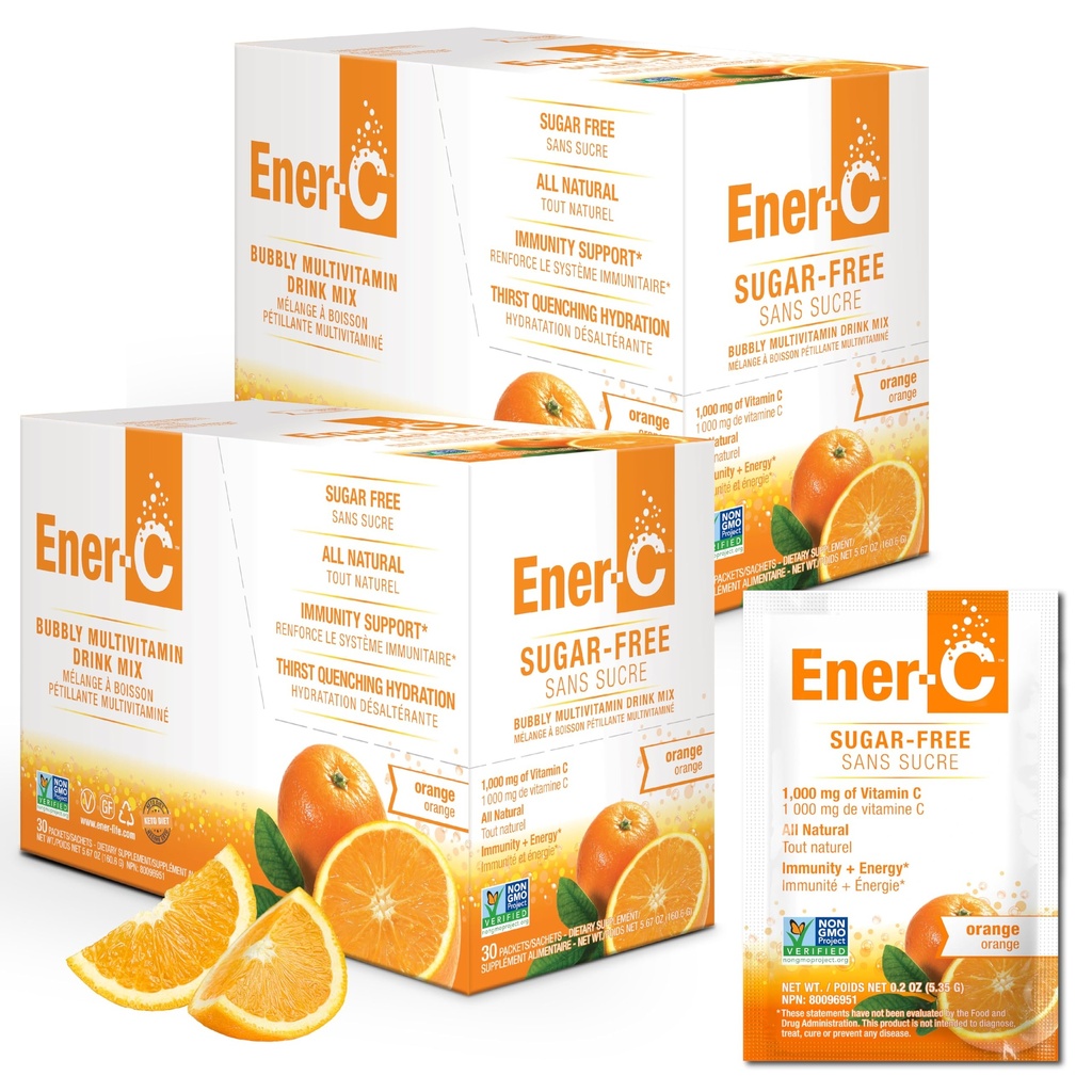 Ener-C Suikervrij Energie Oranje Multivitamine Drink Mix Vitamine C 1000mg & Elektrolyten - Natuurlijke Immuniteit Ondersteuning met echt fruitsap poeders Niet-GMO Veganistisch & Glutenvrij - 60 Tel.