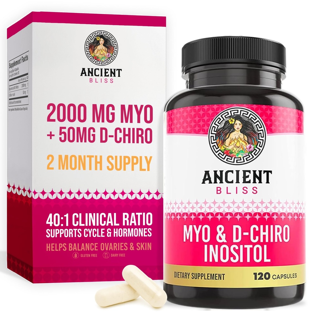 Ancient Bliss Myo & D-Chiro Inositol Supplement, 40 tot 1 Ratio, helpt bij ovariële functie ondersteuning voor vrouwen, vitamine B8 helpt bij het reguleren van menstruele cyclus, 2050 mg per portie, 120 Vegan Capsules