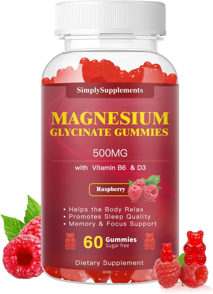Magnesium Glycinate Gummies 500mg, Chewable Magnesium Supplement with Vitamin D3, B6, CoQ10, for Relaxation, Sleep & Mood Support, Calm Magnesium Gummies - 60 Raspberry Gummies