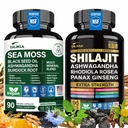 Shilajit 9000mg, Moss de mer 17500mg, Ginger & Black Seed Oil 4000mg, Ashwagandha 5000mg, Rhodiola Rosea, 1000mg Panax Ginseng 1500mg, Tous en 1 supplément - Sea Moss & Shilajit Vitality Bundle