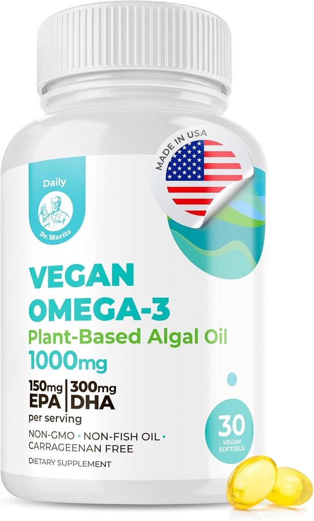 DR. MORITZ Vegan Omega-3 Softgels voor volwassenen en kinderen, gemaakt van Algenolie met DHA EPA, Small Algen Omega 3 Supplementen, Veganist, 30 Tellen