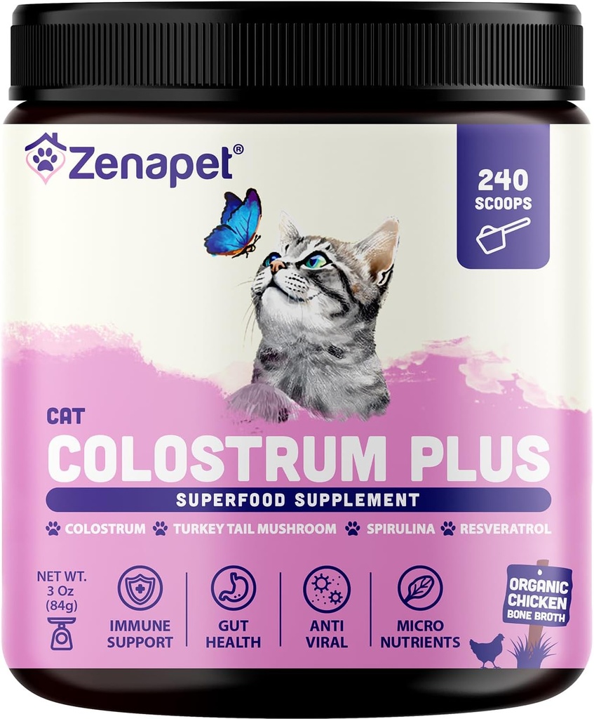 ZENAPET Cat Colostrum Plus Premium Powder Topper, Immune & Digestief Health Supplement, 240 Servings (8-maand levering), ondersteunt huid en jas, Made in USA