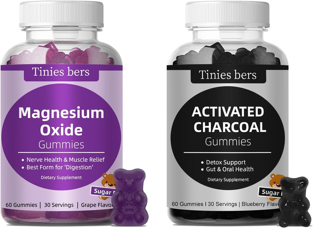 Geactiveerde Charcoal Gummies 400mg, Magnesium Oxide Gummies 500mg Suikervrij voor volwassenen & Kids, Sneller te reinigen, Detox, Gas Relief, Gut & Oral Health, Beste Mg-formulier voor de Digestie