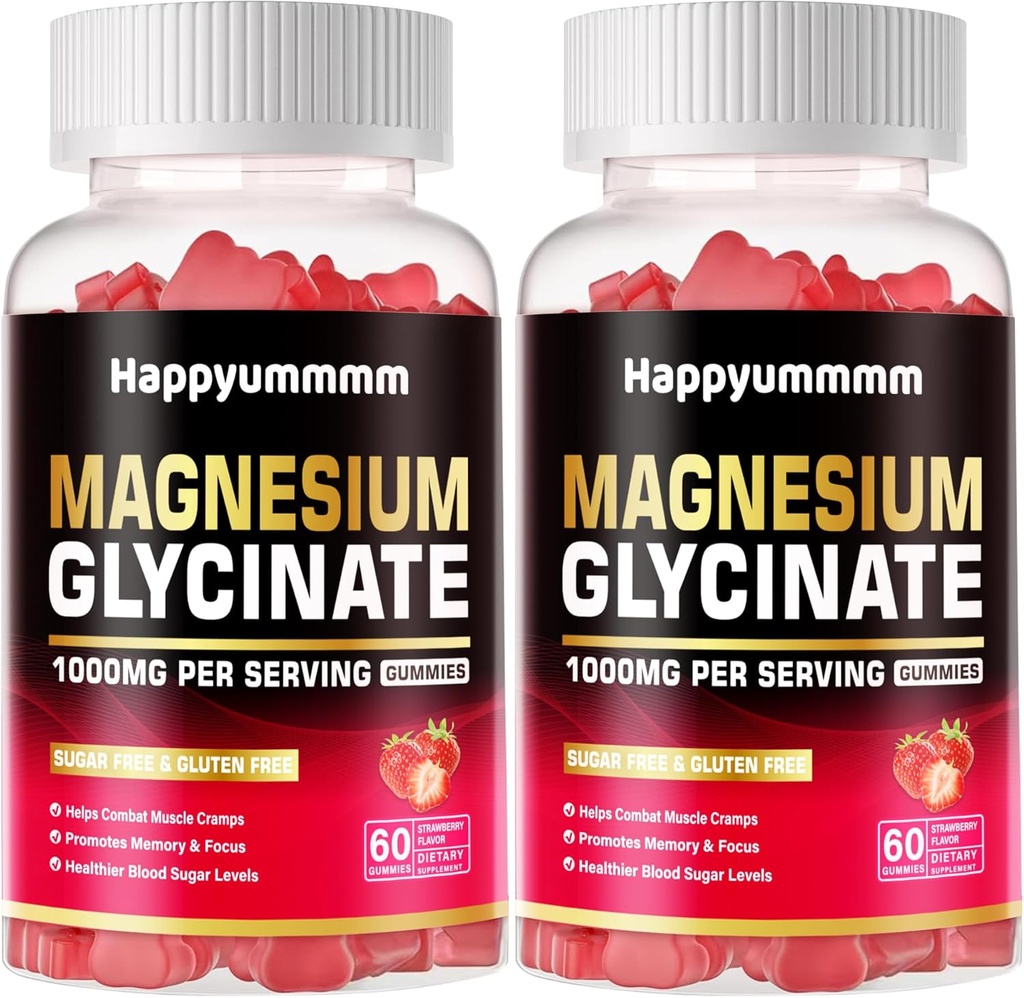 Magnesium Glycinate Gummies 1000mg - Suikervrij Magnesium Kalium Supplement met Vitamine D, B6, CoQ10 voor Kalm Mood & Slaap Ondersteuning - 120 Aardbei Gummies