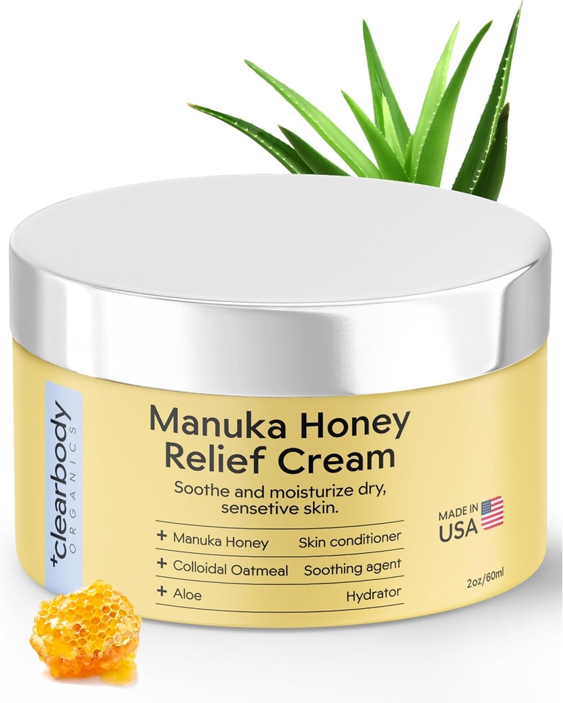 Clearbody Organics Manuka Honey Cream - 2 fl oz, Pack of 1 - Soothing Eczeam Cream - Deep Hydration with Colloïdal Haatmout - Instant Manuka Relief for Dry, Itchy Skin