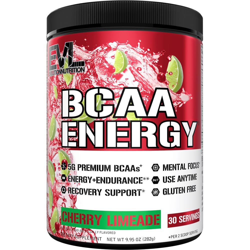 EVL BCAAs Amino Acids Powder - BCAA Energy Pre Workout Powder for Muscle Recovery Lean Growth and Endurance - Rehydrating Post Workout Recovery Drink with Natural Caffeine - Cherry Limeade