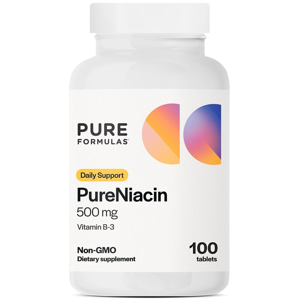 PureFormulas Niacine pure - Vitamine B3, 500 mg Libération immédiate Niacine 500mg - Acide nicotinique 100 comprimés - Vitamines non OGM B3 Supplément de niacine