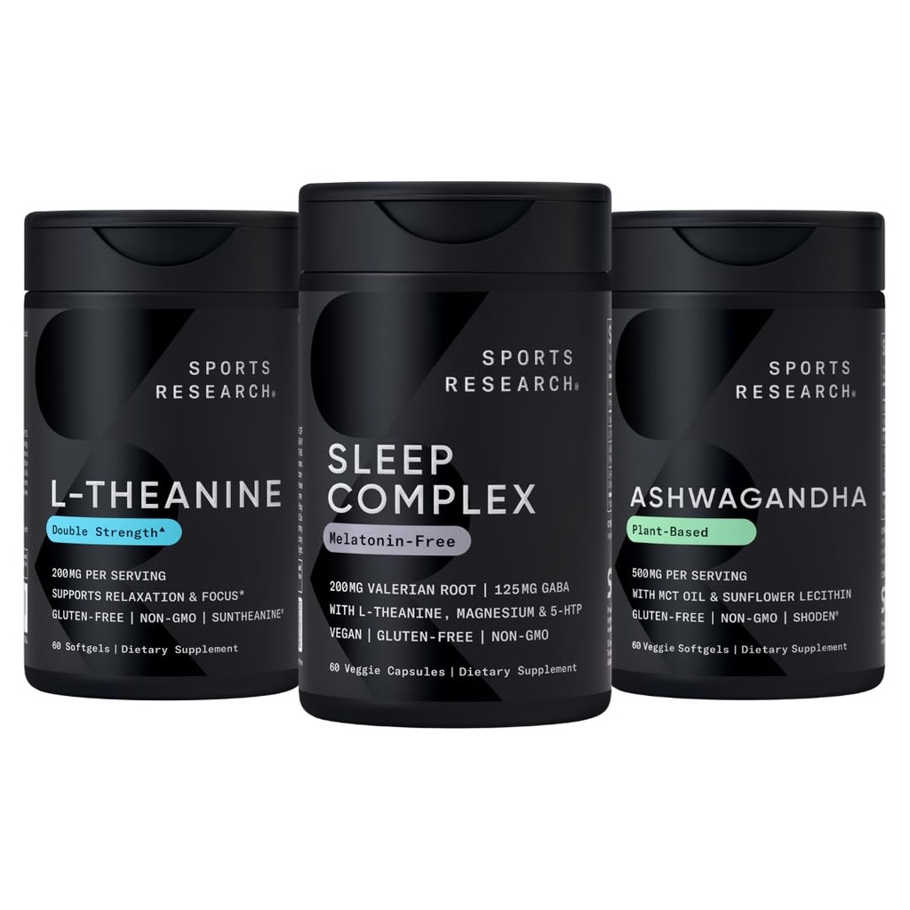 Sportonderzoek Sleep Complex Melatonine-vrije Vegan Capsules, dubbele sterkte L-Theanine supplement voor focus, ontspanning en alertheid en Ashwagandha Softgels voor ontspanning, rust & slaapondersteuning