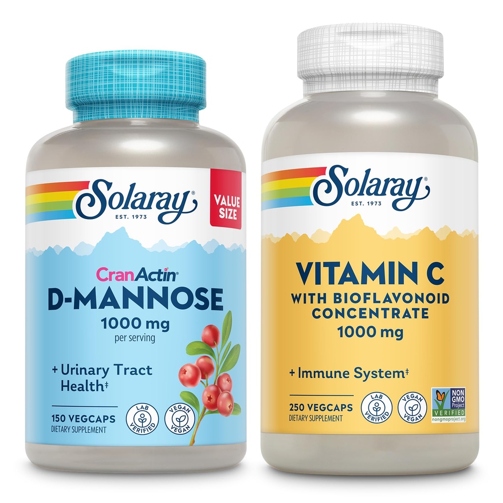 SOLARAY D-Mannose 1000mg met CranActin Cranberry Extract (150ct) en vitamine C 1000mg met Bioflavonoïden (250ct) - Urinaire Tract, Blader Health en Immune Support Bundle - Vegan, 60 dagen garantie