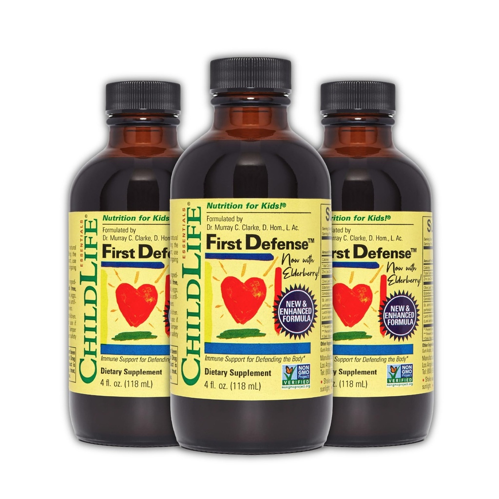 KINDLIFE ESSENTIËLES Eerste verdediging - Kinderen Immuun Ondersteuning, Immuun Ondersteuning voor kinderen, peuters 1-3, Baby's 6 maanden +, Vitamine Siroop met Vlierbessen, Zink, Niet GGO, Glutenvrij - 4 Fl Oz (pakket van 3)