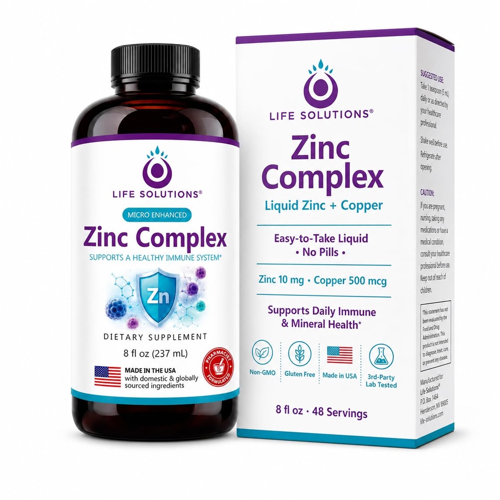 Life Solutions Zinkcomplex - Zink Gluconaat en Koper Gluconaat voor optimale Immuun Ondersteuning en Gezondheid - Hoge Absorptie Formule - Liquid 8oz-