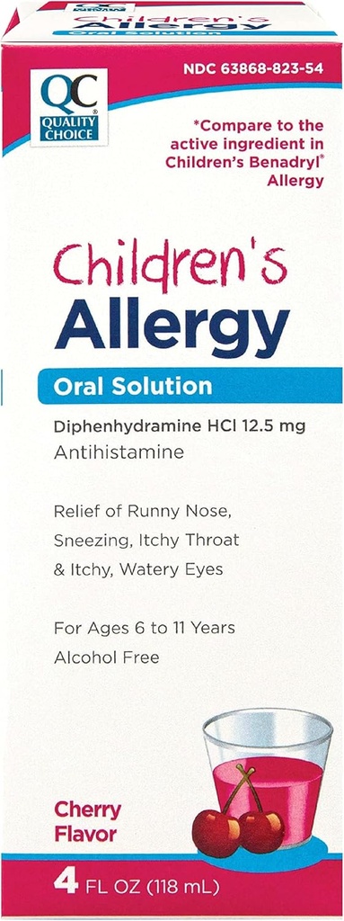 Kwaliteit Keuze Kinderen Allergie Geneeskunde, Niet-Drowsy Liquid Antihistamin Solution. Alcoholvrije Cherry Flavor Actieve difenhydramine voor Hoest, Runny Neus, jeukende ogen & Throat Relief 4 oz