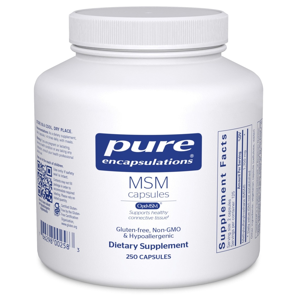 Encapsulations pures Capsules de MSM: Supplément de soufre pour soutenir les articulations, le système immunitaire, les tissus conjonctifs et la santé respiratoire.