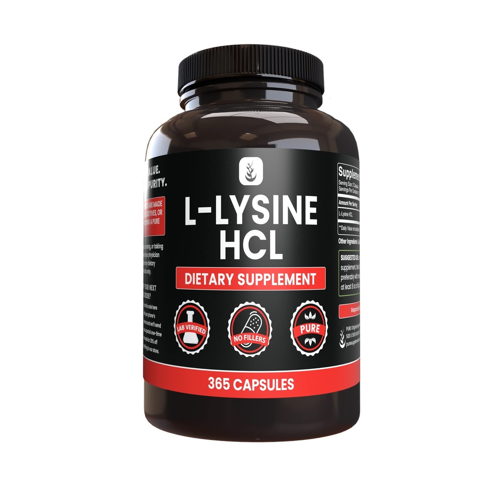 PURE ORIGINEEL INGREDIËNTEN L-Lysine HCl (365 Capsules) Geen Magnesium of Rijst Fillers, altijd zuiver, Lab geverifieerd