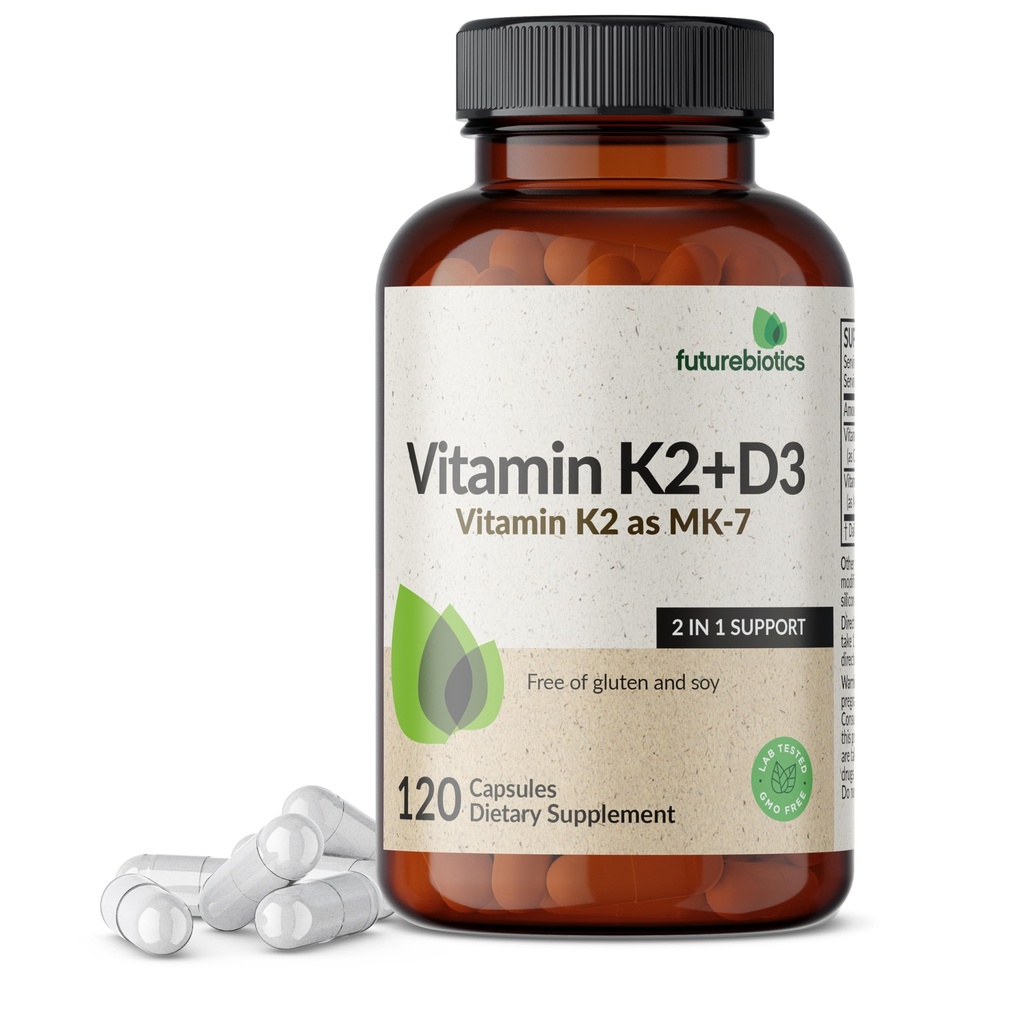 Futurebiotics Vitamine K2 (MK7) met D3 Supplement - Non-GMO Formula - 5000 IE Vitamine D3 & 90 mcg Vitamine K2 MK-7, 120 Vegetarische Capsules